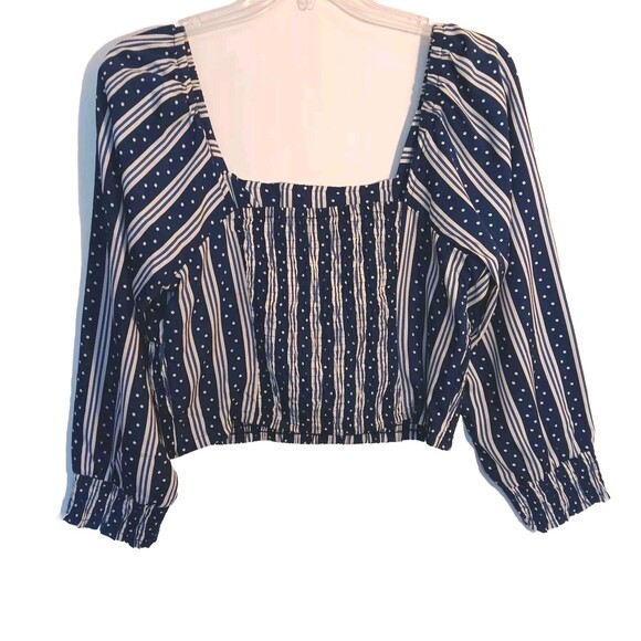 Women's Size 1X Navy/White Romantic Boho Crop Top w/Smocking and Puff Sleeves - Picture 2 of 6